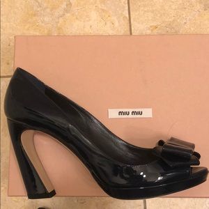 Miu Miu open toe dark navy patent pumps